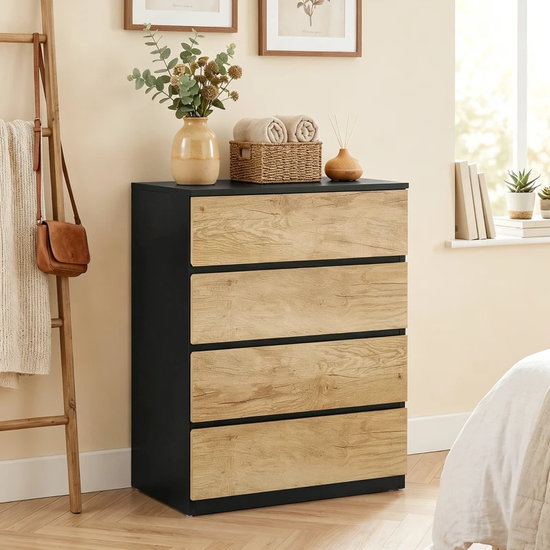 HOMCOM Commode 4 tiroirs en bois avec rails métalliques et poignées rainurées, 60x40x80 cm, Noir et Chêne