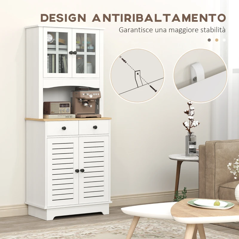 HOMCOM Armadio da Cucina con Porte in Vetro, 2 Cassetti, Armadio per Stoviglie, Armadio da Sala da Pranzo, Legno, 68 x 39,5 x 170 cm, Bianco
