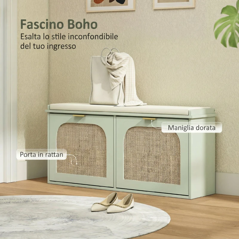 HOMCOM Panca portascarpe con seduta imbottita e anta in rattan, 104x26x47,5 cm, Verde