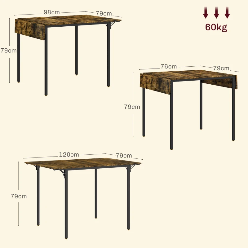 HOMCOM Tavolo da Pranzo a Ribalta stile Industriale per 2-4 Persone in Legno e Metallo, 120x79x79 cm, Marrone Rustico