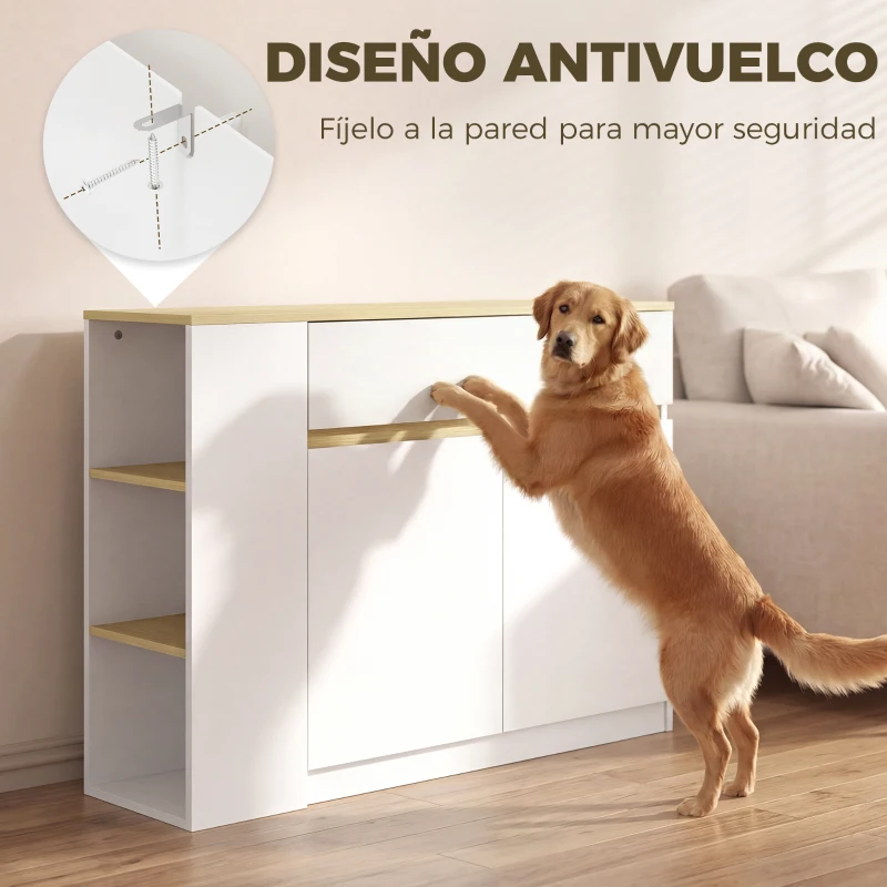 HOMCOM Aparador Armario de Cocina con 2 Puertas Cajón y 3 Estantes Abiertos para Salón Comedor 110x29,5x82 cm Blanco