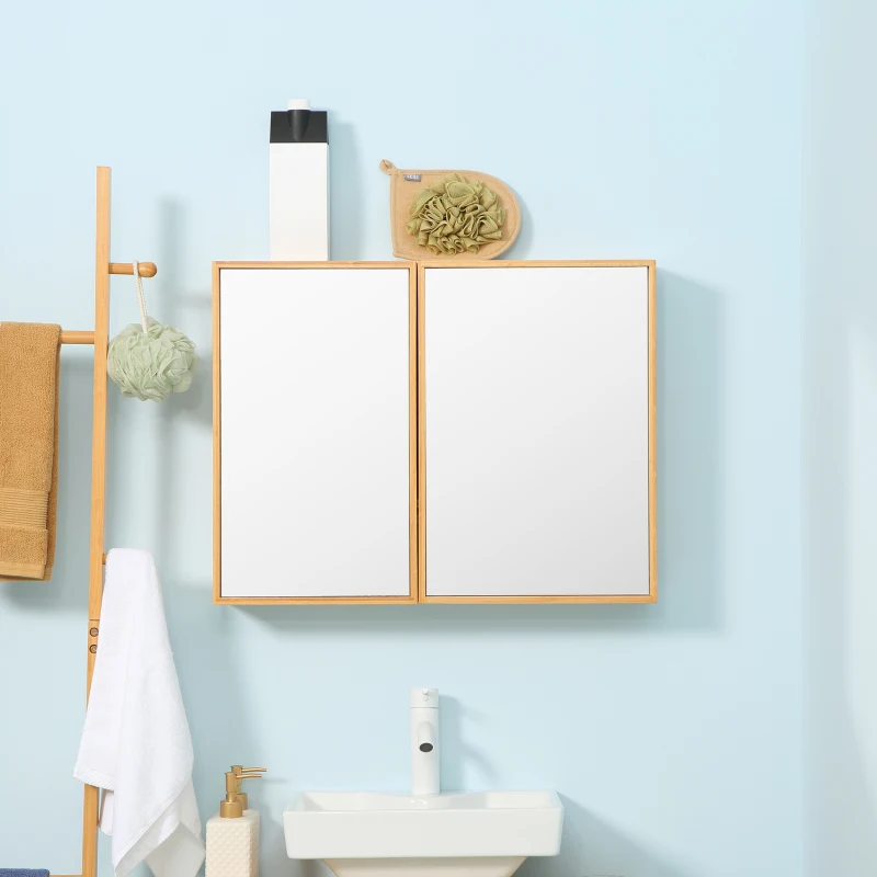 kleankin Armoire murale de salle de bain avec miroirs et 2 portes en bambou 65,2 x 14 x 50 cm