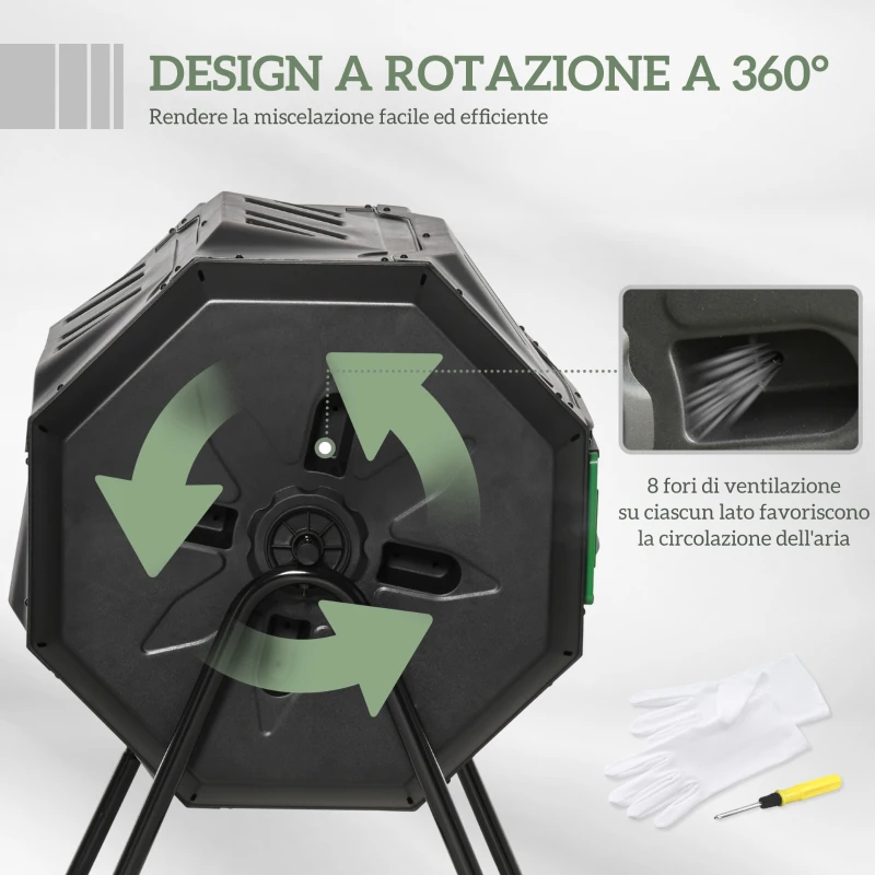 Outsunny Compostiera da Giardino Girevole a 2 Sezioni con 8 Prese d'Aria, Acciaio e PP, 71x65x96 cm, Nero