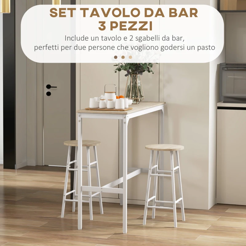 HOMCOM Set Tavolo Alto e 2 Sgabelli da Bar con Poggiapiedi Stile Industriale, Bianco e Rovere