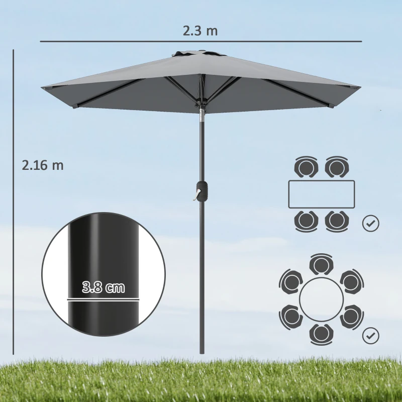 Outsunny Umbrelă de grădină înclinabilă, 2.3x2m, cu deschidere cu manivelă și 6 spițe, gri
