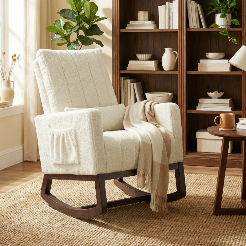 HOMCOM Fauteuil à bascule, rocking chair en flanelle neige rembourré, coussin lombaire, dossier haut, poches latérales, crème