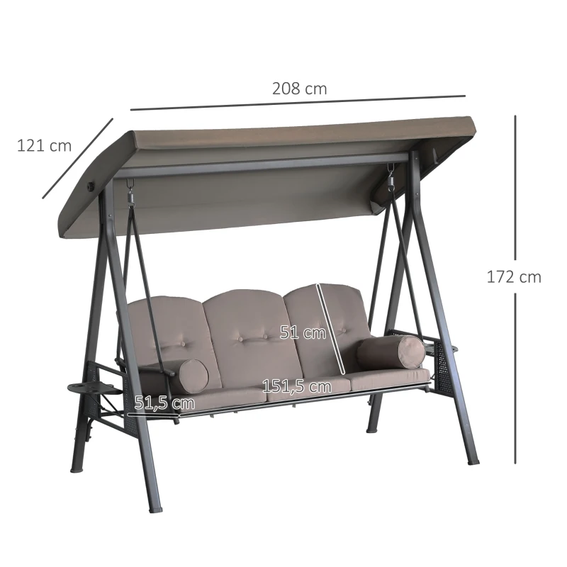 Outsunny Dondolo da Giardino 3 Posti con Tetto Regolabile, Portabicchieri e Cuscini, 208x121x172 cm, Marrone