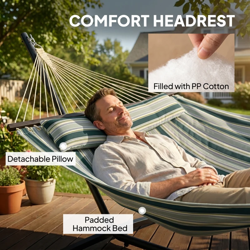 Outsunny Outdoor Hammock with Stand Detachable Pillow Striped Swing Steel Frame, for Garden, Patio, Green