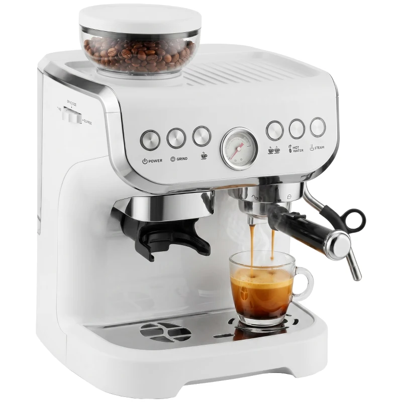 HOMCOM Bean to Cup Coffee Machine, Espresso Machine with Integrated Bean Grinder & Steam Wand, White