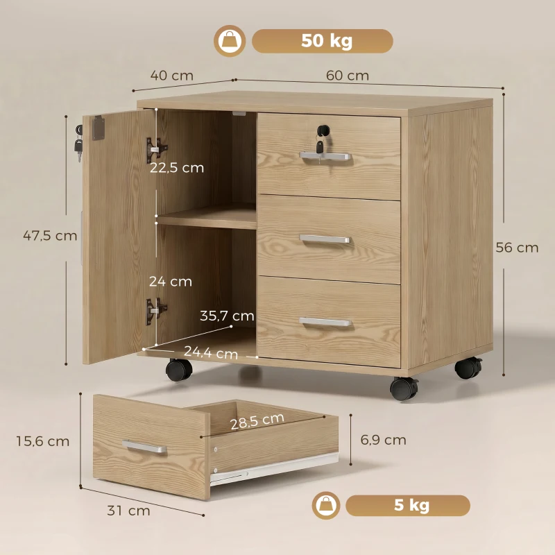 HOMCOM Cajonera de Oficina Mueble de Almacenaje con Cerradura con 3 Cajones y Estante Ajustable Ruedas 40x60x56 cm Marrón Claro
