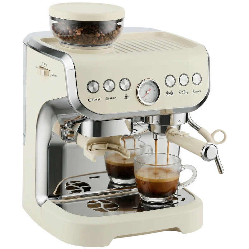 HOMCOM Bean to Cup Coffee Machine, Espresso Machine with Integrated Bean Grinder & Steam Wand, Cream White