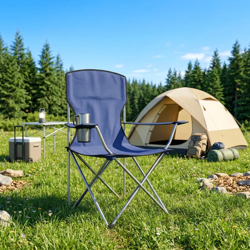 Outsunny Lot de 2 Chaises de Camping Pliantes avec Porte-Gobelet, Sac de Transport, Dossier Haut, 88x57x97cm, Bleu Foncé