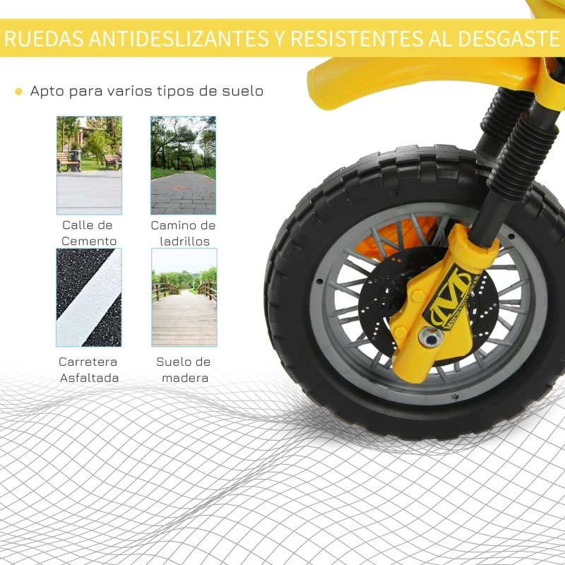 HOMCOM Moto Eléctrica para Niños con Ruedas de Apoyo Desmontables Faros y Música para Niños 3-6 Años Amarillo