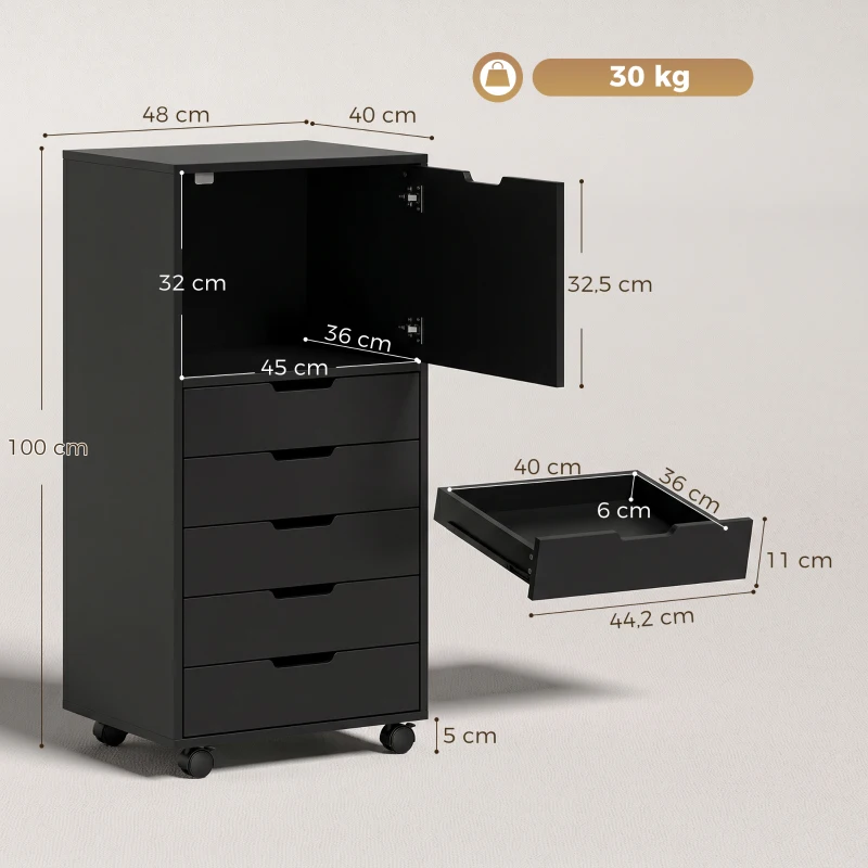 HOMCOM Mobile Archivio Stampante con 5 Cassetti e Ruote, Nero