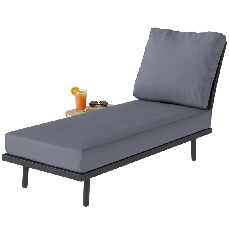 Outsunny Chaise Longue de Jardin avec Coussins Lavables en Oléfine et Étagère Latérale, Cadre en Métal, 58x137x75cm, Gris