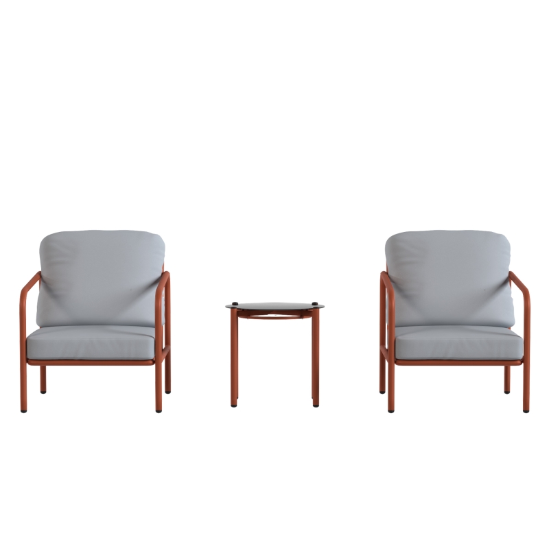 Outsunny Salon de Jardin 3 Pièces, 2 Fauteuils, 1 Table Basse, Coussins Épais, Plateau en Verre Trempé, 63x77x76cm, Rouge Vineux