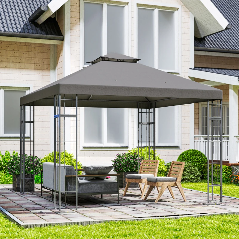Outsunny 3 x 3 m Garten-Pavillon, 2-Stufen-Dach-Design, UV30+ Schutz, UV-beständig, Sonnenschutz, Metallrahmen, Dunkelgrau