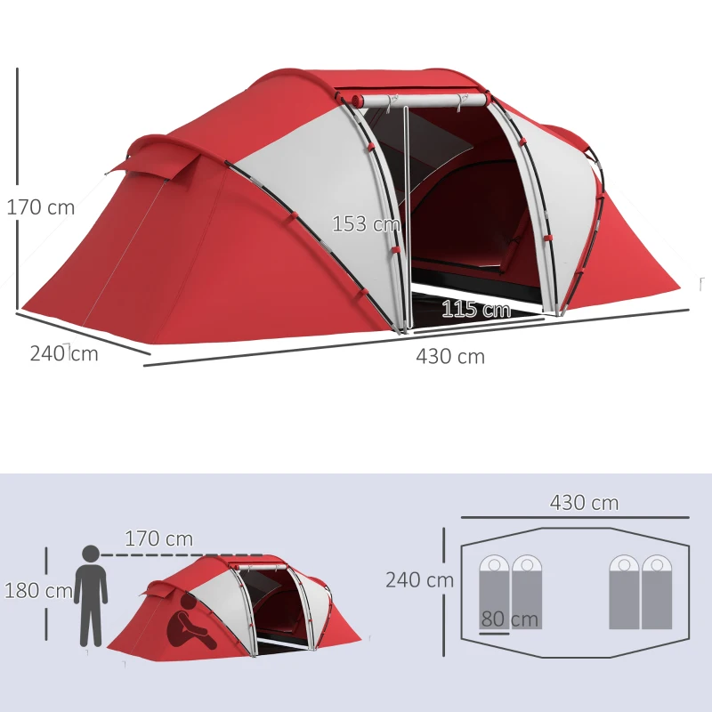 Outsunny 4 Man UV Protection Camping Tent - Grey and Red