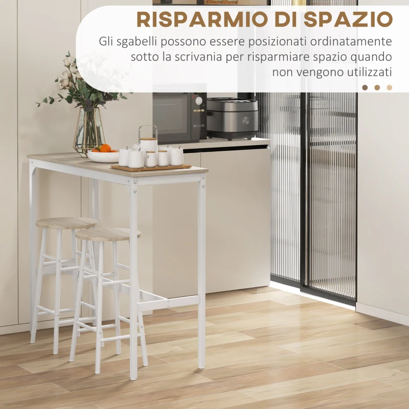 HOMCOM Set Tavolo Alto e 2 Sgabelli da Bar con Poggiapiedi Stile Industriale, Bianco e Rovere