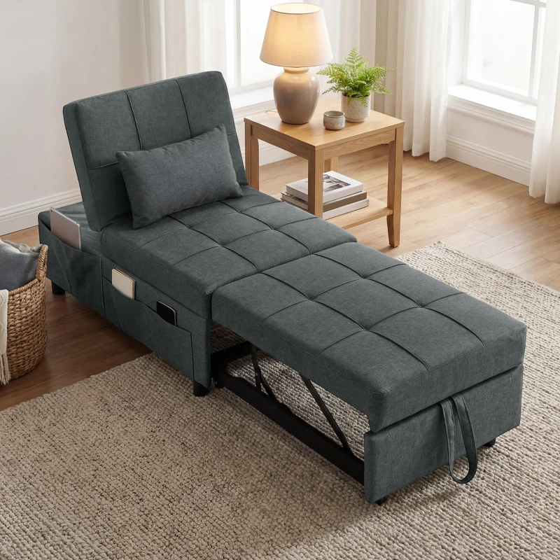 HOMCOM Fauteuil convertible 1 place fauteuil lit avec dossier réglable, siège rembourré et oreiller, gris