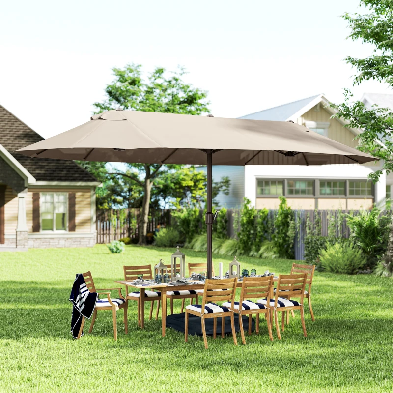 Outsunny Ombrellone da Giardino Doppio a 12 Stecche con Base a Croce e Apertura a Manovella, Ombrellone da Terrazzo con Sacchi di Sabbia, in Acciaio e Poliestere, 455x265x238 cm, Cachi