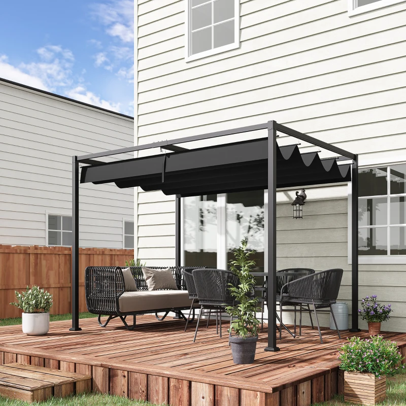 Outsunny Pergola ca. 3x2m Garten Pavillon Terrassendachung Metall Freistehender Gartenpavillon mit Verstellbares Dach, UV Schutz, Sonnenschutz für Terrasse und Garten, Schwarz+Grau