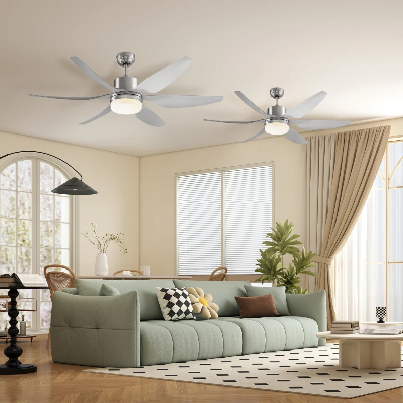 HOMCOM Set of 2 Reversible Ceiling Fan with Light, 6 Blades Indoor Modern Mount LED Lighting Fan with Remote Controller, for Bedroom, Living Room, Silver