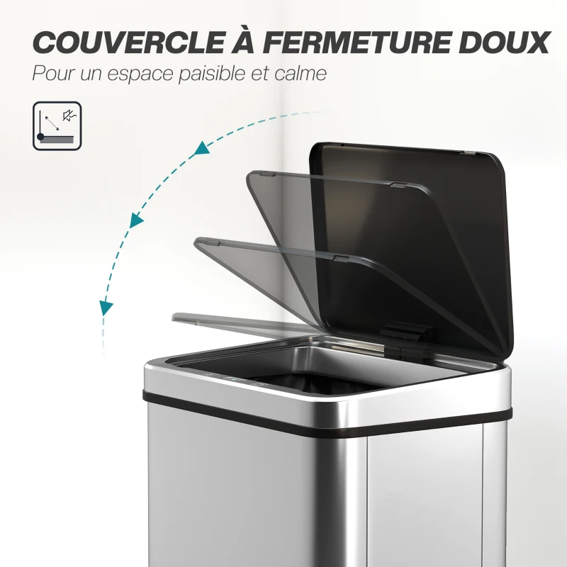 HOMCOM Poubelle à Capteur de 50L, Couvercle à Fermeture en Douceur, Poubelle de Cuisine Automatique Acier Inoxydable, Argenté