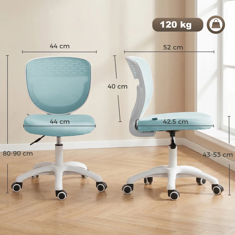 HOMCOM Office Chair, Armless Computer Desk Chair with Breathable Mesh, Adjustable Height, Swivel Wheels, Light Blue
