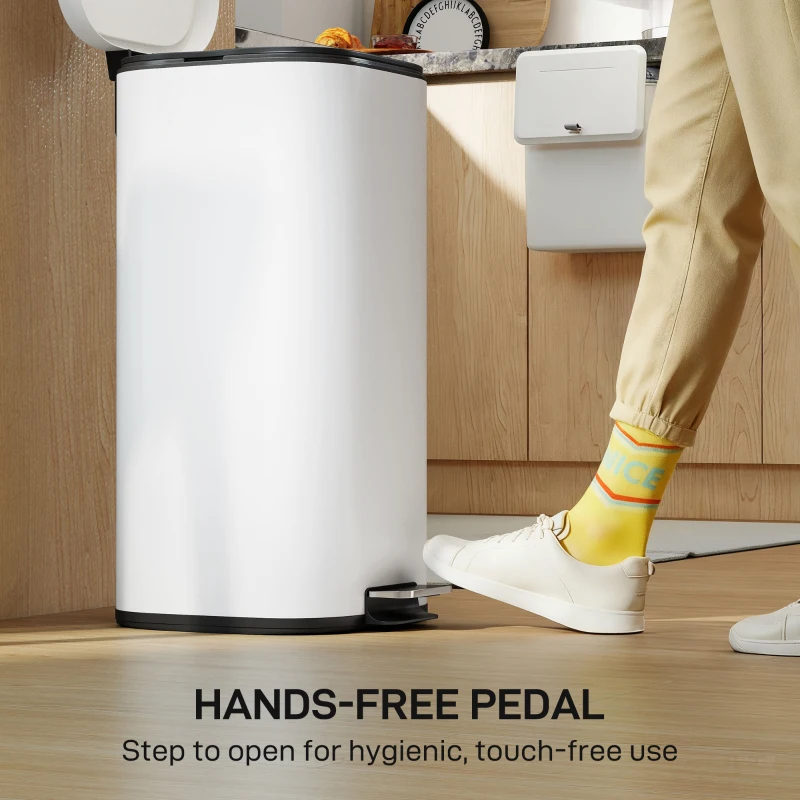 HOMCOM 30L Kitchen Bin, Compact Pedal Bin with Soft-Close and Stay-Open Lid, Removable Bucket for Kitchen, Home, Office, Cream