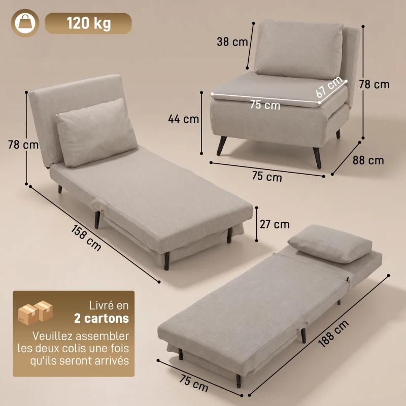 HOMCOM Fauteuil Convertible 1 Place, Fauteuil-Lit Clic-Clac 3 en 1 avec Dossier Réglable, Oreiller, Assise Large, Marron Clair