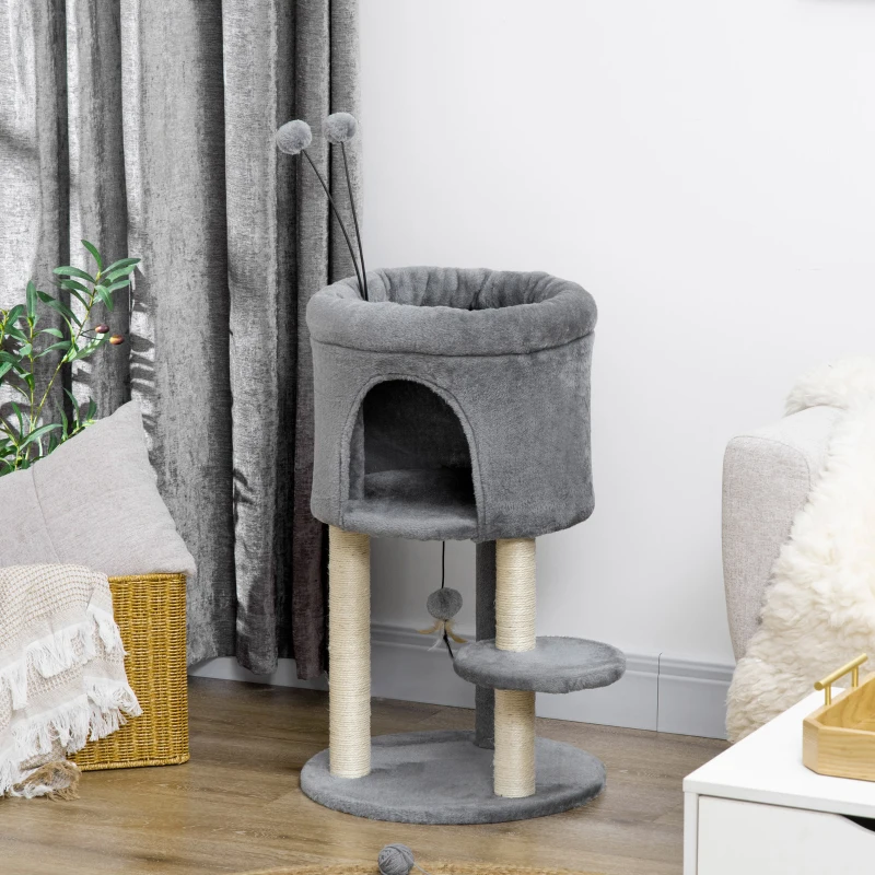 PawHut Arbre à chat avec griffoir centre d'activités avec niche hauteur 73,5 cm jeu pompons suspendu - sisal et peluche grise