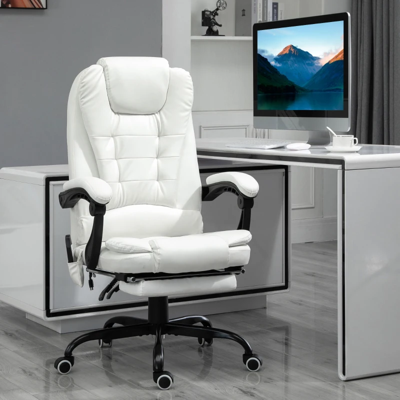 Vinsetto Silla de Oficina con 7 Puntos de Masaje con Reposapiés Retráctil Altura Ajustable Control Remoto y Tejido de PU Blanco