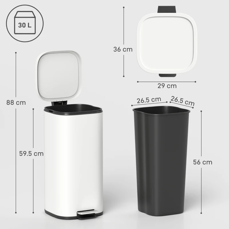 HOMCOM 30L Kitchen Bin, Compact Pedal Bin with Soft-Close and Stay-Open Lid, Removable Bucket for Kitchen, Home, Office, Cream