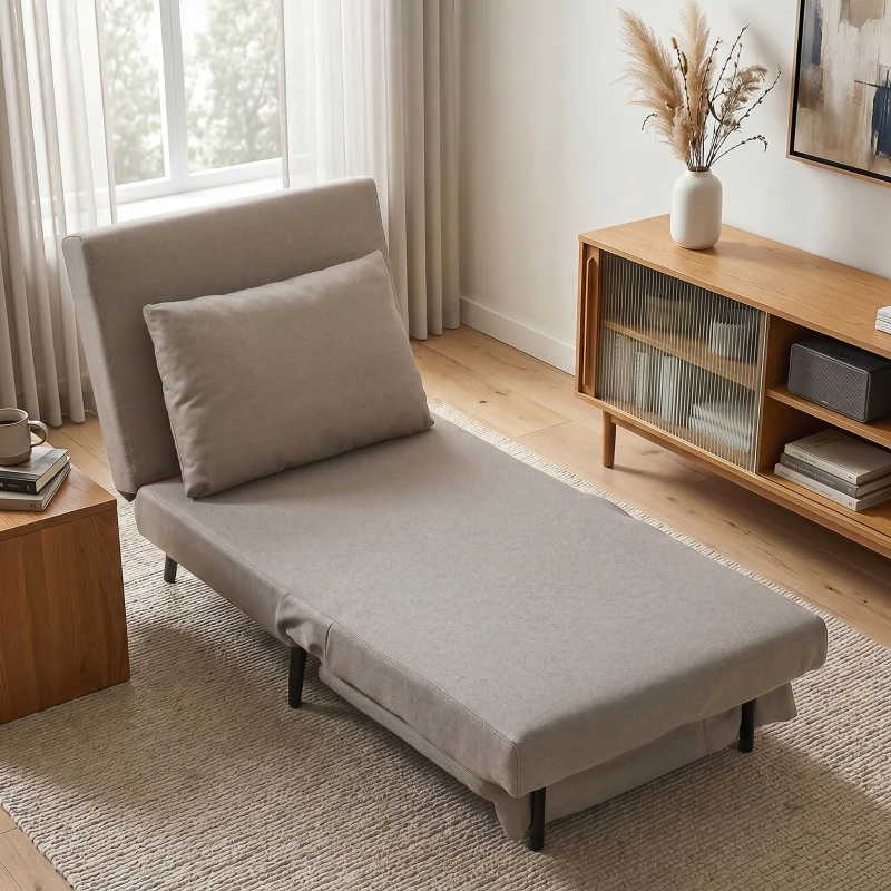 HOMCOM Fauteuil Convertible 1 Place, Fauteuil-Lit Clic-Clac 3 en 1 avec Dossier Réglable, Oreiller, Assise Large, Marron Clair