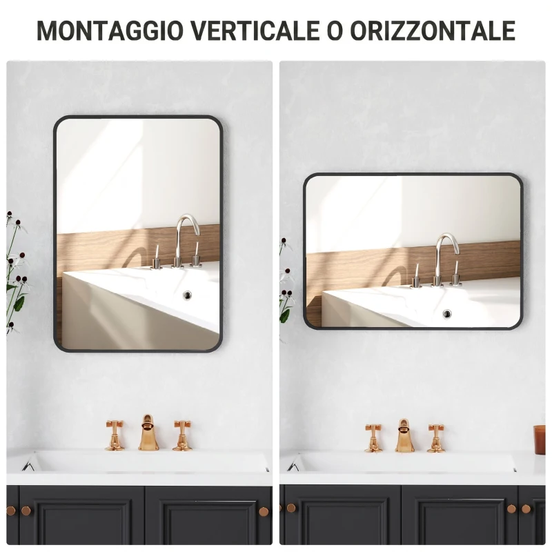 HOMCOM Specchio Bagno con Cornice in Metallo e Gancio, 50x2.5x70 cm, Nero