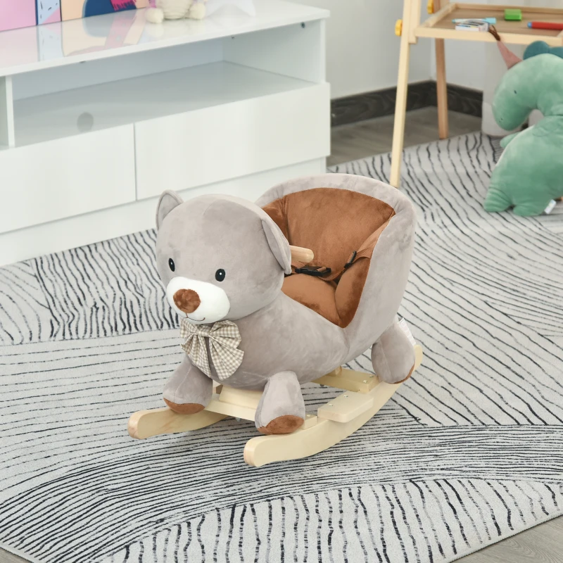 HOMCOM Caballito Balancín Infantil en Forma de Osito de Felpa para Bebés 18-36 Meses con Sonido y Cinturón 60x33x50 cm Gris