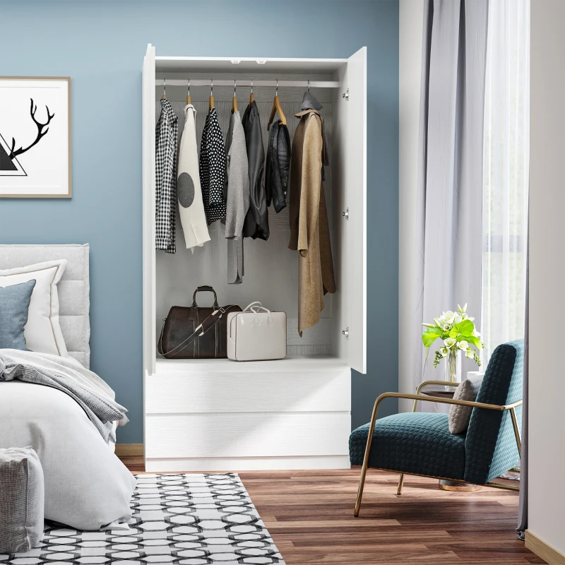 HOMCOM Armadio Guardaroba in Truciolato Bianco con Appendiabiti e 2 Cassetti Scorrevoli per Camere da Letto, 100x60x200 cm