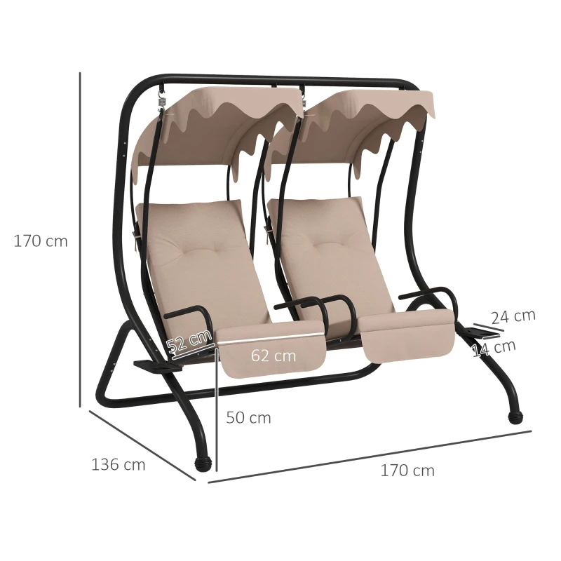 Outsunny 2-Sitzer Hollywoodschaukel Gartenschaukel mit Sonnendach Garten Stahl Beige 170 x 136 x 170 cm