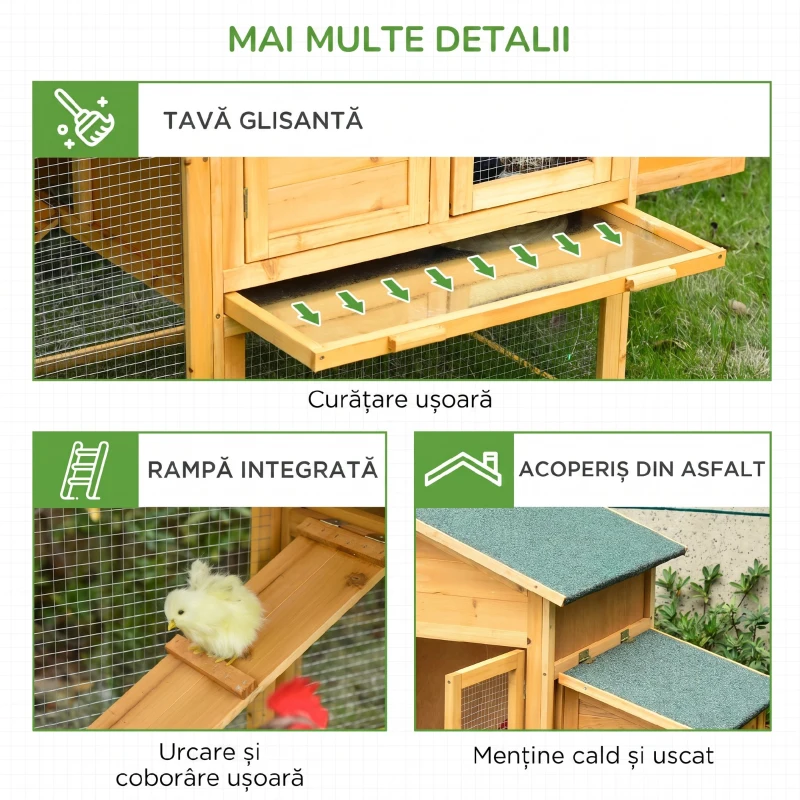 PawHut Cote din Lemn cu Casuta pentru Gaini, Spatiu Deschis si Plasa, 168x75x103 cm(m-7)