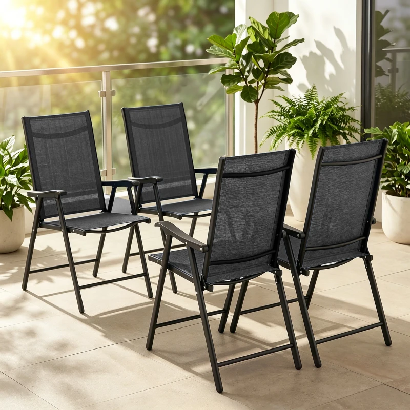 Outsunny Lot de 4 Chaises de Jardin Pliantes Structure Acier Robuste sans Montage Dossier Haut Ergonomique 58x62x97cm Noir
