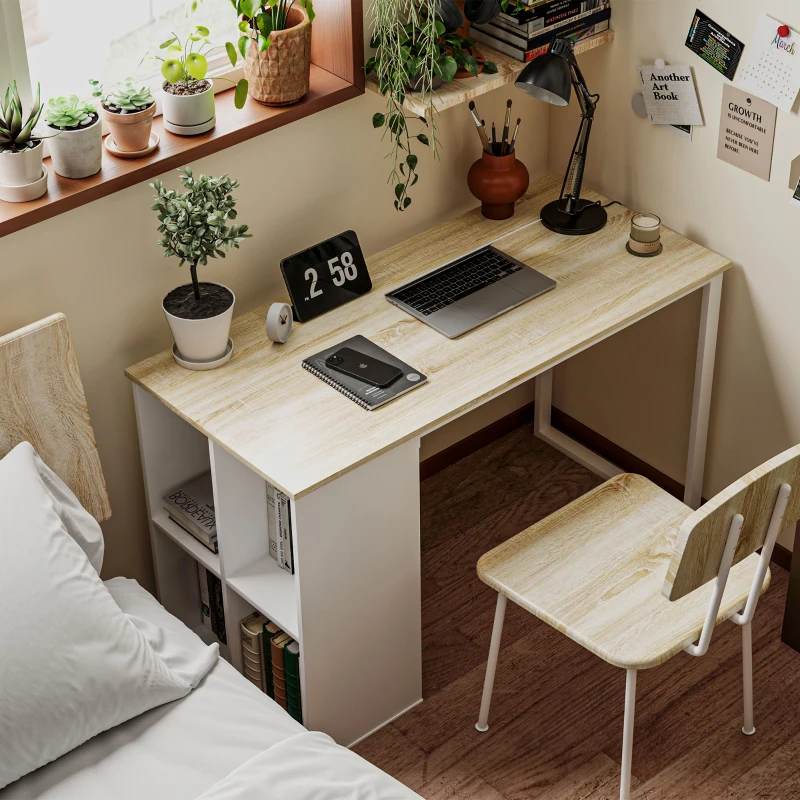 HOMCOM Bureau table d'ordinateur avec 4 compartiments, pour bureau à domicile, chambre, petits espaces, chêne
