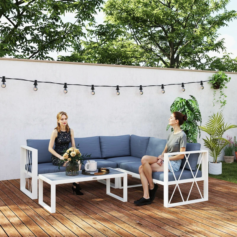 Outsunny Salotto da Giardino Angolare con Poltrona Reclinabile, 2 Divanetti con Cuscini e Tavolino, Grigio