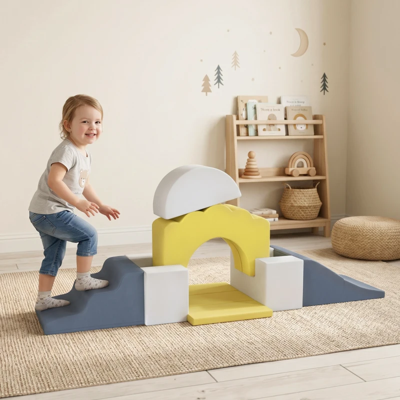 AIYAPLAY Percorso Motricità per Neonati, Blocchi in Schiuma Educativi Modulabili da 7 Pezzi con Fodera Lavabile e Base Antiscivolo, in Velluto, Giallo