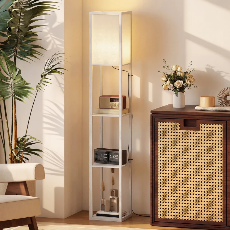 HOMCOM Lámpara de Pie con Estantes de Almacenaje, Lámpara de Lectura Moderna, Pantalla de Acrílico, Casquillo E27, para Decoración, Salón, Dormitorio, Oficina, Blanco