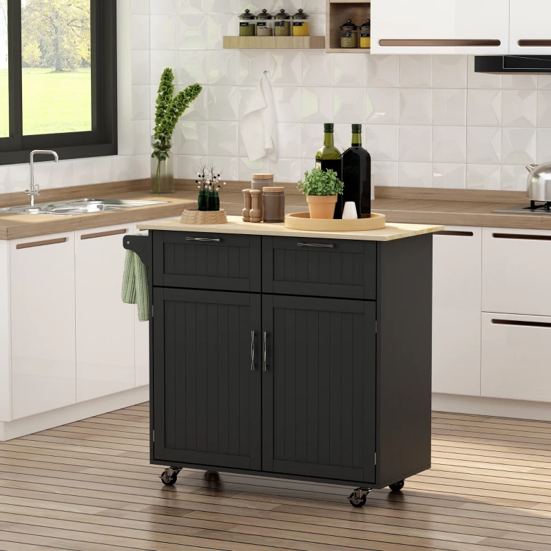 HOMCOM Mueble Auxiliar de Cocina con Ruedas 2 Cajones 2 Puertas Estante Ajustable y Toallero 104x46x91 cm Negro