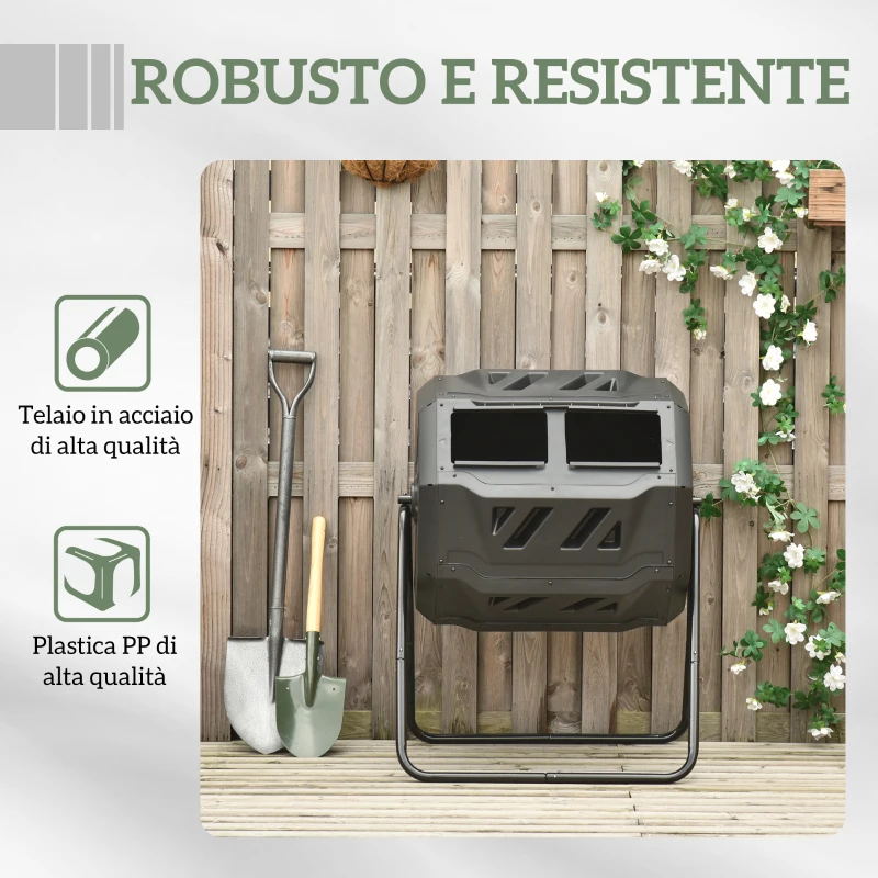 Outsunny Compostiera da Giardino Girevole a 2 Sezioni con 8 Prese d'Aria, Acciaio e PP, 71x65x96 cm, Nero
