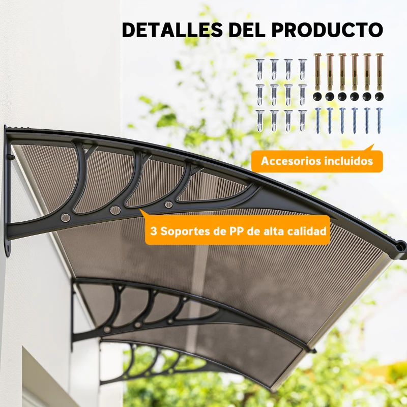 Outsunny Marquesina para Puertas y Ventanas 195x75 cm con Paneles de Policarbonato Barras de Aluminio Marrón
