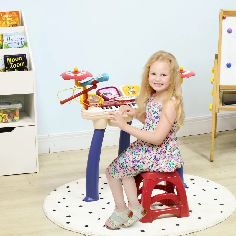 AIYAPLAY Juego de Piano 2 en 1 con Micrófono Luces 19 Canciones Batería y Volumen Ajustable 74x32,2x71cm Multicolor