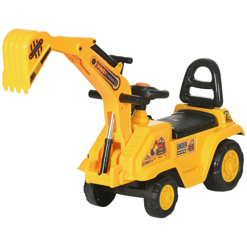 HOMCOM Sitz-Bagger für Kinder mit Schaufel und Stauraum, Hupe, Lenkrad, 18-48 Monate, Gelb